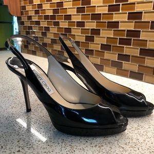 Jimmy Choo black patent peep toe stilettos